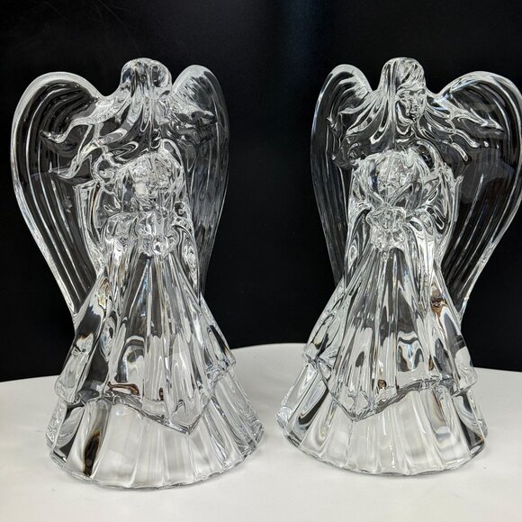 Vintage Leaded Crystal Angel Candleholders Glass Figurine Set Of 2 Holiday Decor - Picture 1 of 16